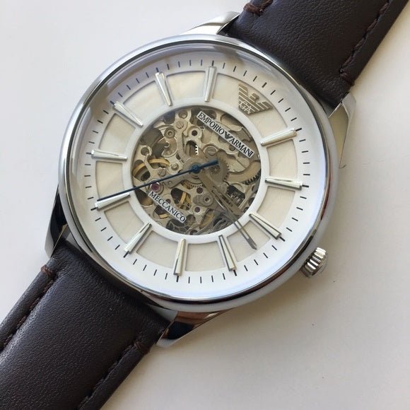 Emporio Armani Meccanico White Dial Brown Leather Strap Watch For Men - AR1946 Buy Now By Emporio Armani
