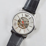 Emporio Armani Meccanico Silver Skeleton Dial Black Leather Strap Watch For Men - AR2072 Buy Now By Emporio Armani