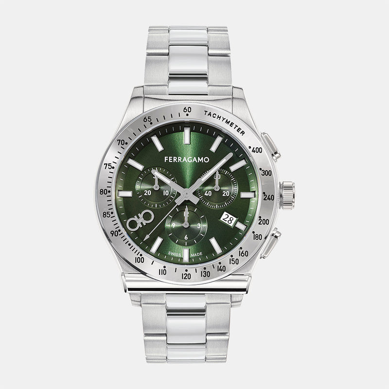 Shop Salvatore Ferragamo 1927 Chrono Green Dial Silver Steel Strap Watch for Men - SFKZ00423 in USA