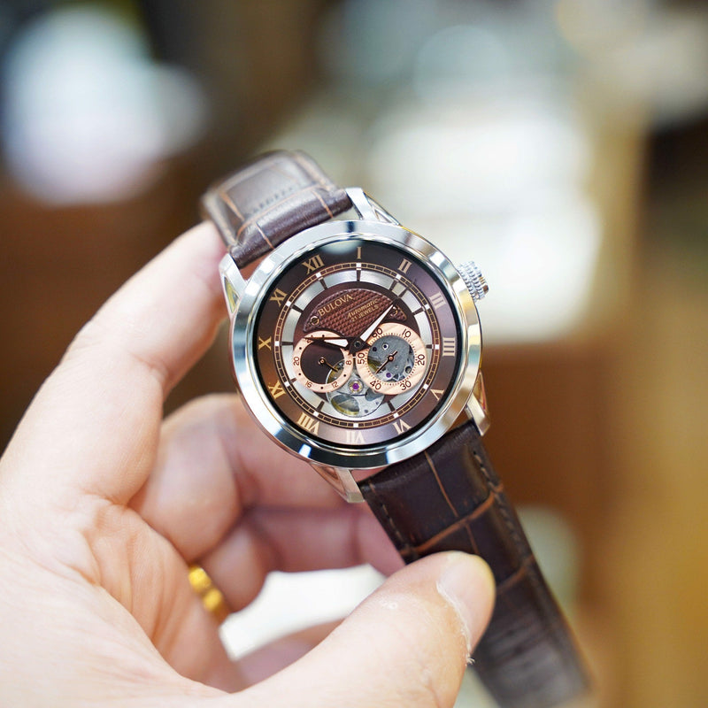 Shop Bulova Classic Skeleton Automatic Brown Dial Brown Leather Strap Watch for Men - 96A120 in USA
