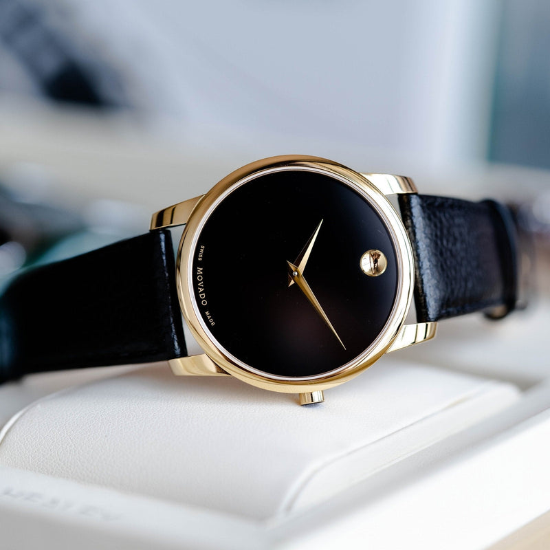 Movado Museum Black Dial Black Leather Strap Watch For Men - 0607014 Buy Now By Movado