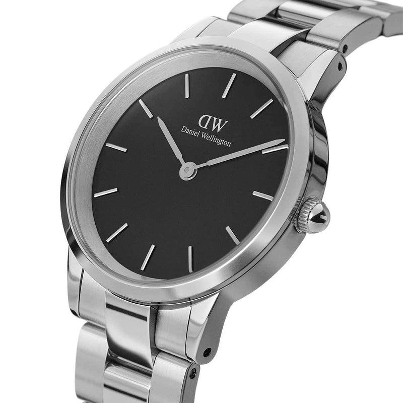 Daniel Wellington Iconic Link Black Dial Silver Steel Strap Watch for Women - DW00100204 Buy Now By Daniel Wellington