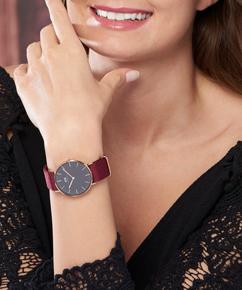 Daniel Wellington Classic Roselyn Black Dial Maroon Nylon Strap Watch For Women - DW00100273 Buy Now By Daniel Wellington