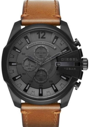 Diesel Mega Chief Chronograph Grey Dial Brown Leather Strap Watch For Men - DZ4463
