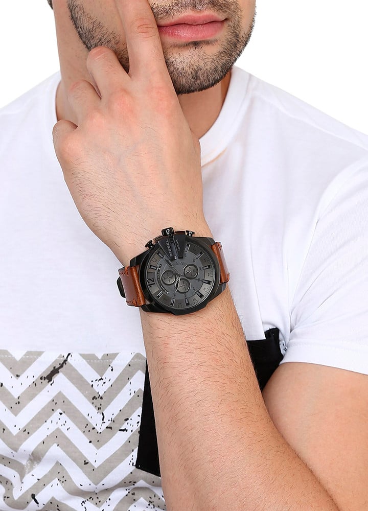 Diesel Mega Chief Chronograph Grey Dial Brown Leather Strap Watch For Men - DZ4463