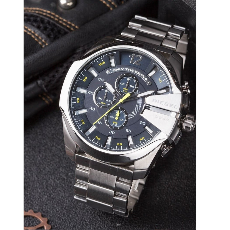 Diesel Mega Chief Chronograph Blue Dial Silver Steel Strap Watch For Men - DZ4465 Buy Now By Diesel
