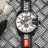 Diesel Mega Chief Chronograph Silver Dial Black Leather Strap Watch For Men - DZ4512 Buy Now By Diesel