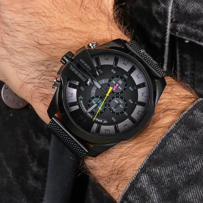 Diesel Mega Chief Chronograph Black Dial Black Mesh Bracelet Watch For Men - DZ4514 Buy Now By Diesel