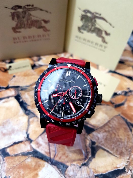 Burberry The City Chronograph Black Dial Red Rubber Strap Watch For Men - BU9805 Buy Now By Burberry