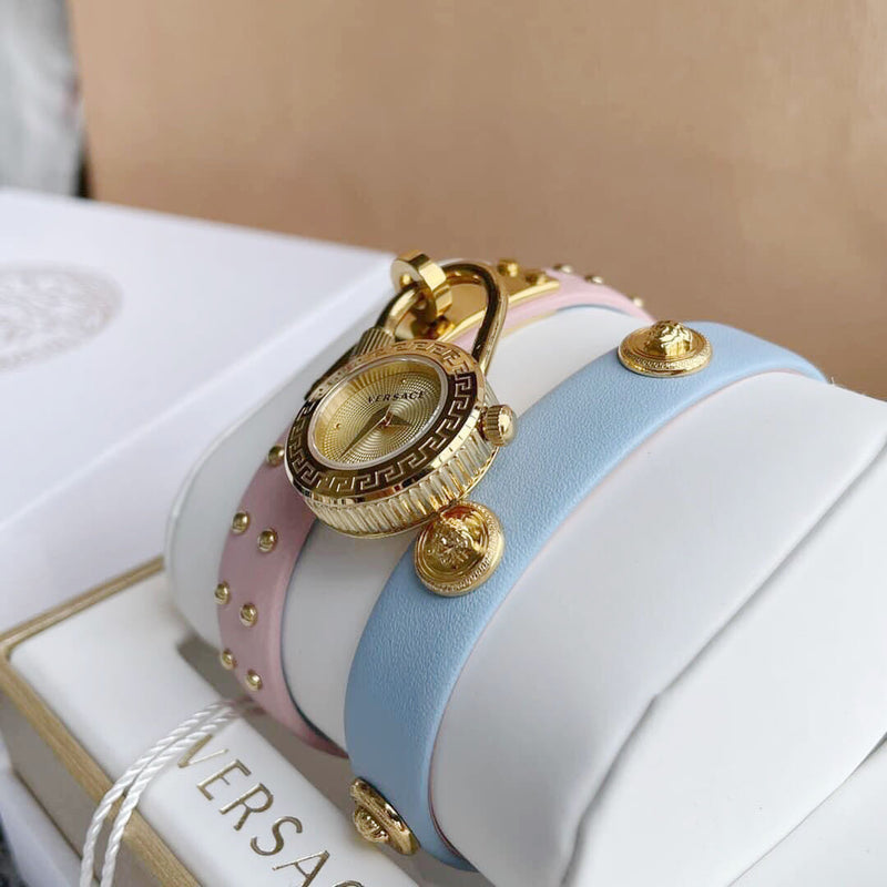 Versace Medusa Lock Icon Quartz Gold Dial Pink & Blue Leather Strap Watch For Women - VEDW00219 Buy Now By Versace