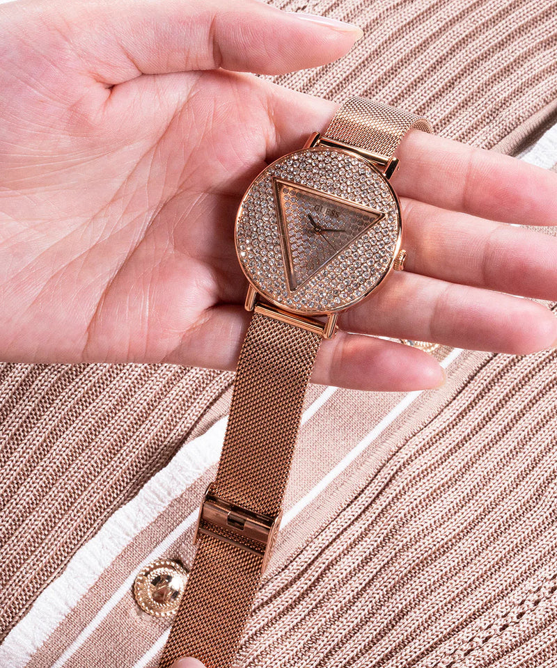 Guess Iconic Diamonds Rose Gold Dial Rose Gold Mesh Bracelet Watch For Women - GW0477L3 Buy Now By Guess