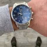 Hugo Boss Aeroliner Chronograph Blue Dial Silver Steel Strap Watch for Men - 1513183