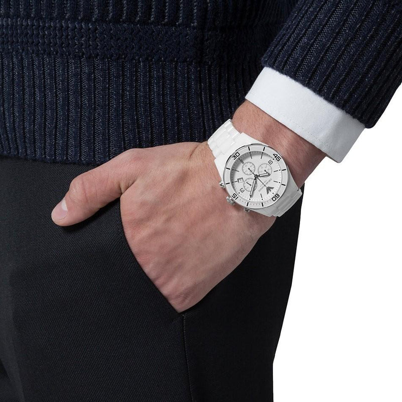 Emporio Armani Ceramic Chronograph White Dial White Ceramic Strap Watch For Men - AR1424 Buy Now By Emporio Armani