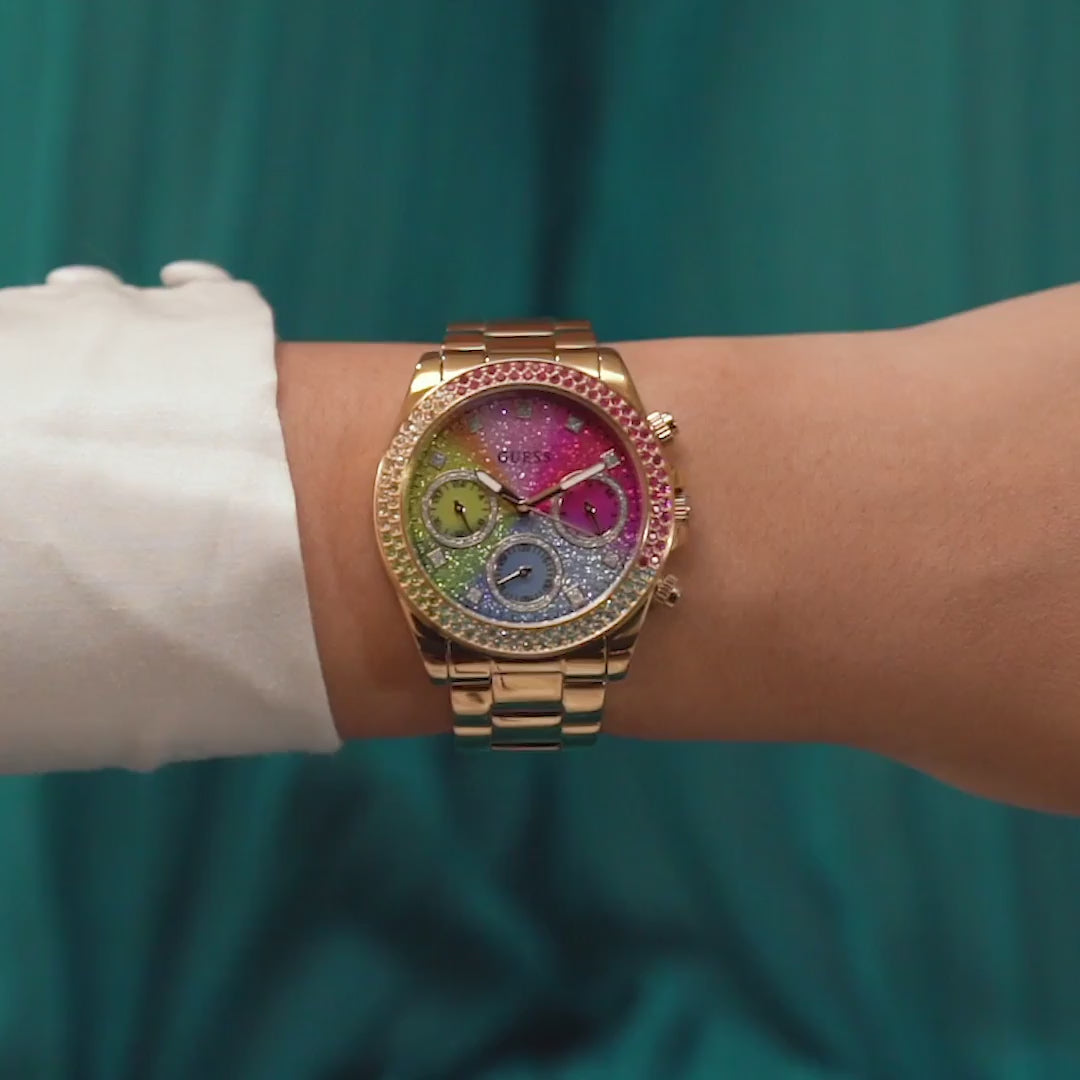 Guess Confetti Chronograph Rainbow Dial Gold Steel Strap Watch For Women  - GW0483L4