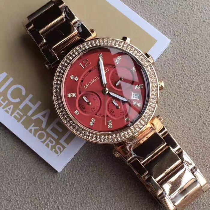 Michael Kors Parker Chronograph Red Dial Rose Gold Steel Strap Watch For Women - MK6106 Buy Now By Michael Kors