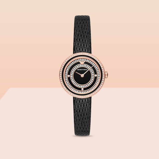 Emporio Armani Rosa Two Hand Black Dial Black Leather Strap Watch For Women - AR11493 Buy Now By Emporio Armani