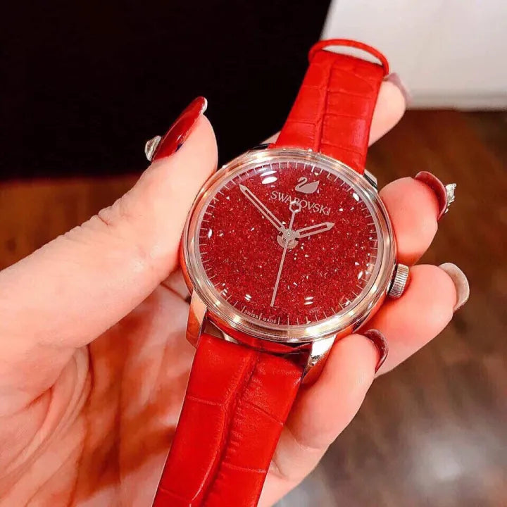 Shop Swarovski Crystalline Hours Red Crystal Dial Red Leather Strap Watch for Women - 5295380 in USA