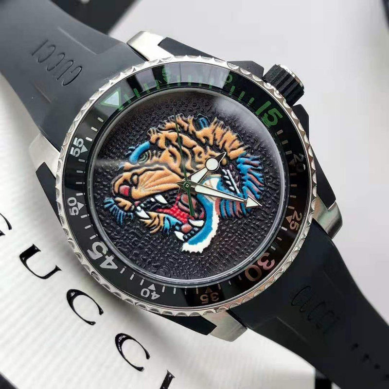 Shop Gucci Dive Tiger Black Dial Black Rubber Strap Watch For Men - YA136318 in USA