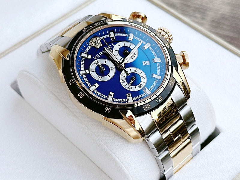 Versace V-Ray Chronograph Quartz Blue Dial Two Tone Steel Strap Watch For Men - VE2I01021 Buy Now By Versace