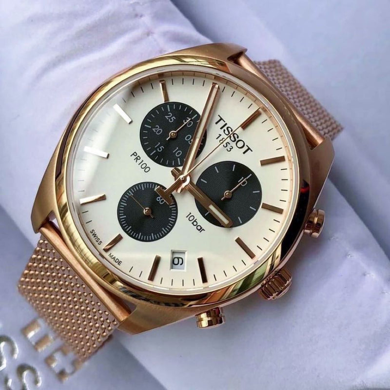 Tissot T Classic PR 100 Chronograph Silver Dial Rose Gold Mesh Bracelet Watch For Men - T101.417.33.031.01 Buy Now By Tissot