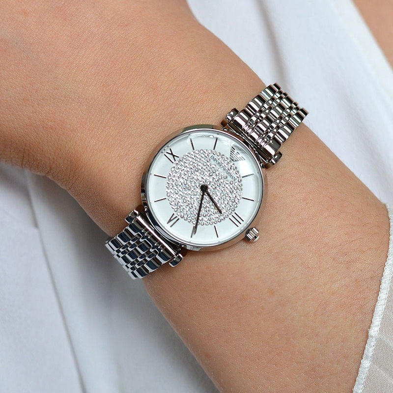 Emporio Armani Gianni T Bar White Crystal Pave Dial Silver Stainless Steel Strap Watch For Women - AR1925 Buy Now By Emporio Armani