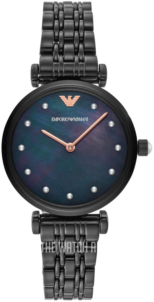 Emporio Armani Gianni T-Bar Quartz Black Mother of Pearl Dial Black Steel Strap Watch For Women - AR11268 Buy Now By Emporio Armani
