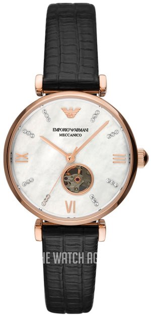 Emporio Armani Meccanico Gianni T Bar Mother of Pearl White Dial Black Leather Strap Watch For Women - AR60047