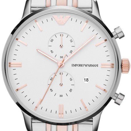 Emporio Armani Chronograph White Dial Two Tone Steel Strap Watch For Men - AR0399 Buy Now By Emporio Armani