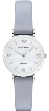 Emporio Armani Gianni T-Bar Mother Of Pearl White Dial Grey Leather Strap Watch For Women - AR11039 Buy Now By Emporio Armani
