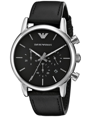 Emporio Armani Classic Chronograph Black Dial Black Leather Strap Watch For Men - AR1733