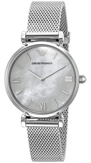 Emporio Armani Gianni T Bar Mother of Pearl Dial Silver Steel Strap Watch For Women - AR1955