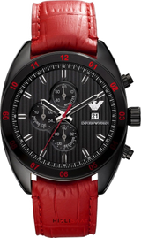 Emporio Armani Sportivo Chronograph Black Dial Red Leather Strap Watch For Men - AR5918