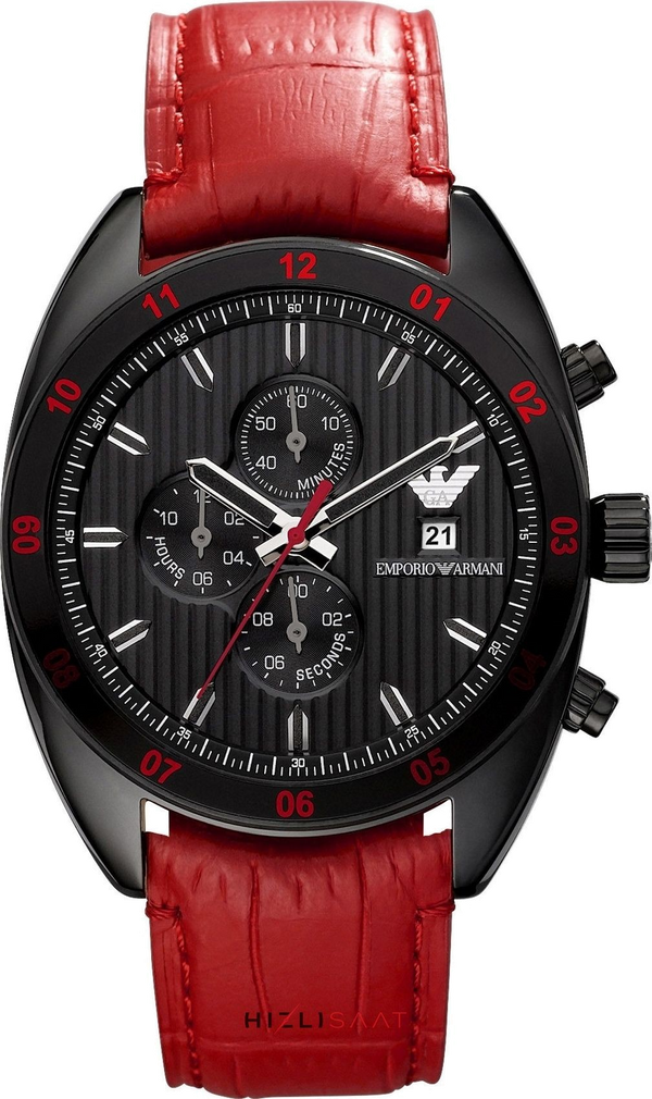 Emporio Armani Sportivo Chronograph Black Dial Red Leather Strap Watch For Men - AR5918