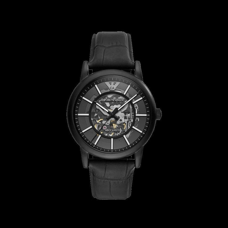 Emporio Armani Meccanico Automatic Skeleton Dial Black Leather Strap Watch For Men - AR60008 Buy Now By Emporio Armani