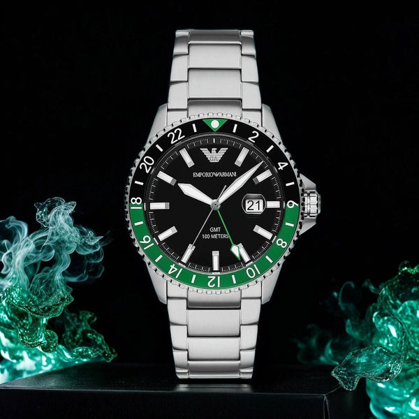 Emporio Armani Sea Explorer GMT Quartz Black Dial Silver Steel Strap Watch For Men - AR11589 Buy Now By Emporio Armani