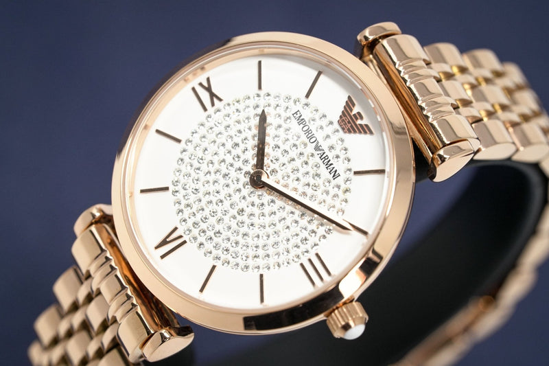 Emporio Armani T-Bar Gianni Crystal Pave Dial Rose Gold Steel Strap Watch For Women - AR11244 Buy Now By Emporio Armani