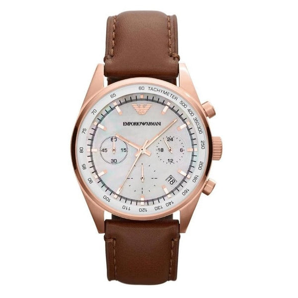 Shop Emporio Armani Sportivo Chronograph White Dial Brown Leather Strap Watch For Men - AR5996 in USA