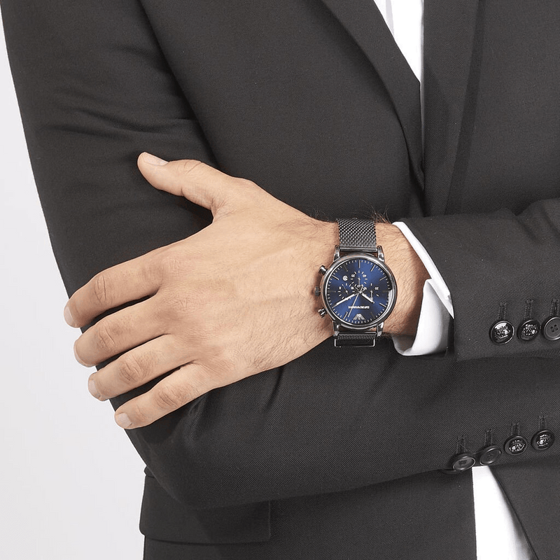 Emporio Armani Chronograph Blue Dial Gun Metallic Mesh Bracelet Watch For Men - AR1979 Buy Now By Emporio Armani