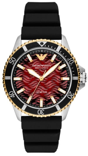 Emporio Armani Sea Explorer Meccanico Automatic Red Dial Black Silicon Strap Watch For Men - AR60070