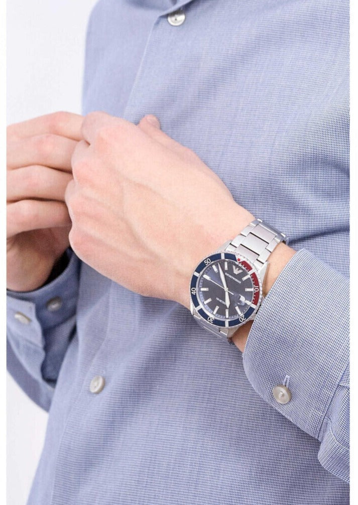 Emporio Armani Diver Quartz Blue Dial Silver Steel Strap Watch For Men - AR11339 Buy Now By Emporio Armani
