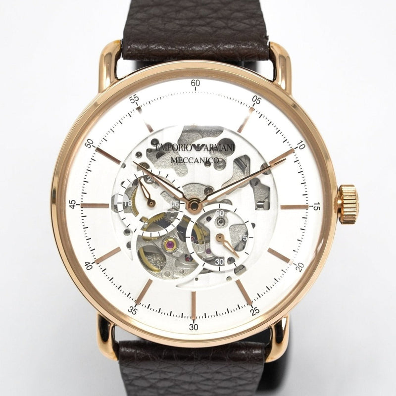 Emporio Armani Meccanico Automatic White Dial Brown Leather Strap Watch For Men - AR60027 Buy Now By Emporio Armani