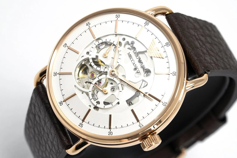 Emporio Armani Meccanico Automatic White Dial Brown Leather Strap Watch For Men - AR60027 Buy Now By Emporio Armani
