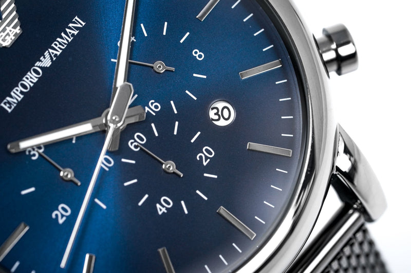 Emporio Armani Chronograph Blue Dial Gun Metallic Mesh Bracelet Watch For Men - AR1979 Buy Now By Emporio Armani