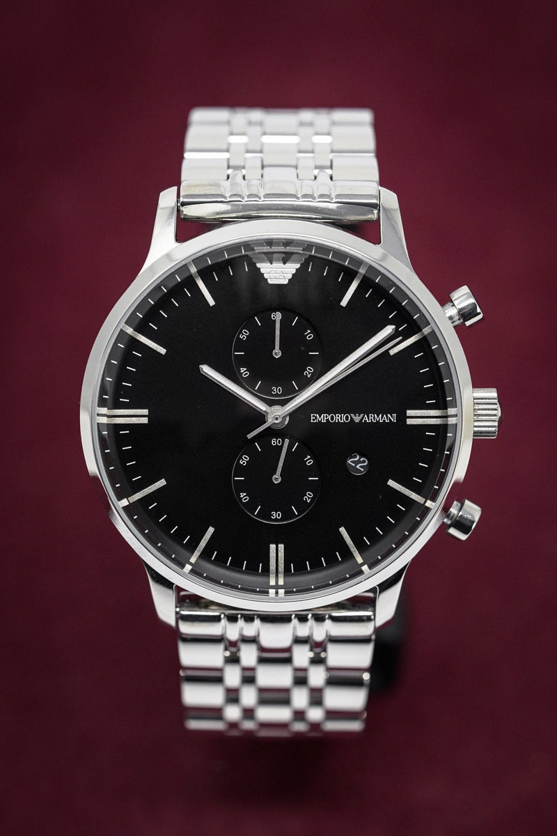 Emporio Armani Chronograph Black Dial Silver Steel Strap Watch For Men - AR0389 Buy Now By Emporio Armani