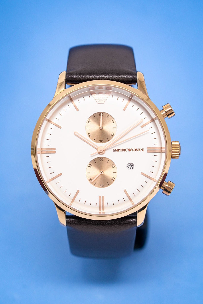 Emporio Armani Gianni Classic Chronograph White Dial Brown Leather Strap Watch For Men - AR0398 Buy Now By Emporio Armani