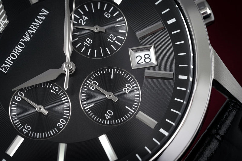 Emporio Armani Renato Chronograph Black Dial Black Leather Strap Watch For Men - AR2447 Buy Now By Emporio Armani
