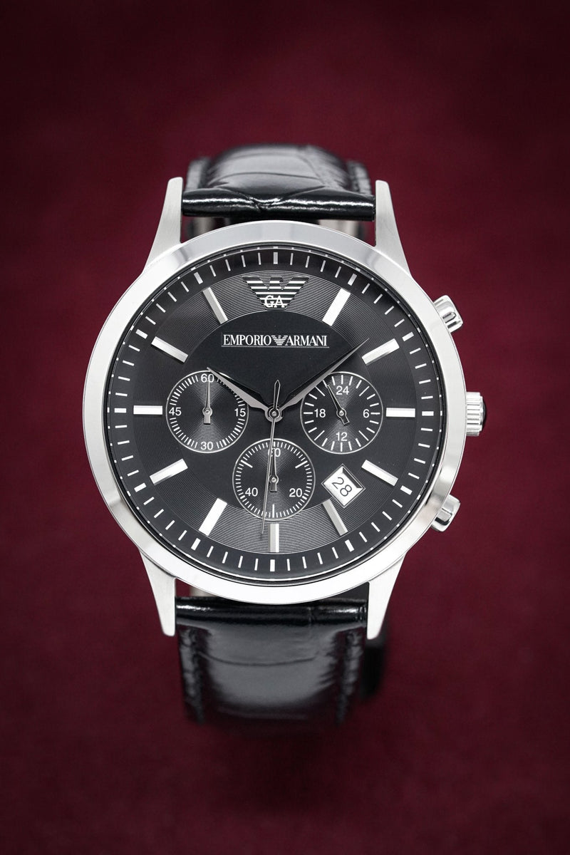 Emporio Armani Renato Chronograph Black Dial Black Leather Strap Watch For Men - AR2447 Buy Now By Emporio Armani