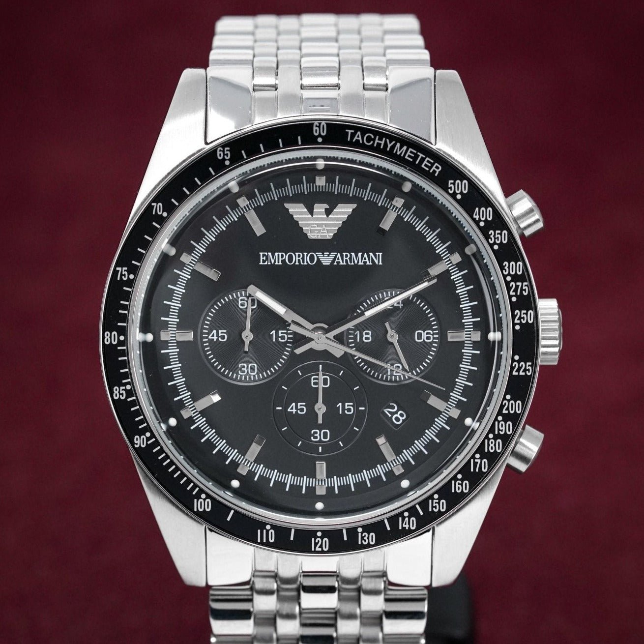 Emporio Armani Tazio Chronograph Black Dial Silver Steel Strap Watch For Men - AR5988