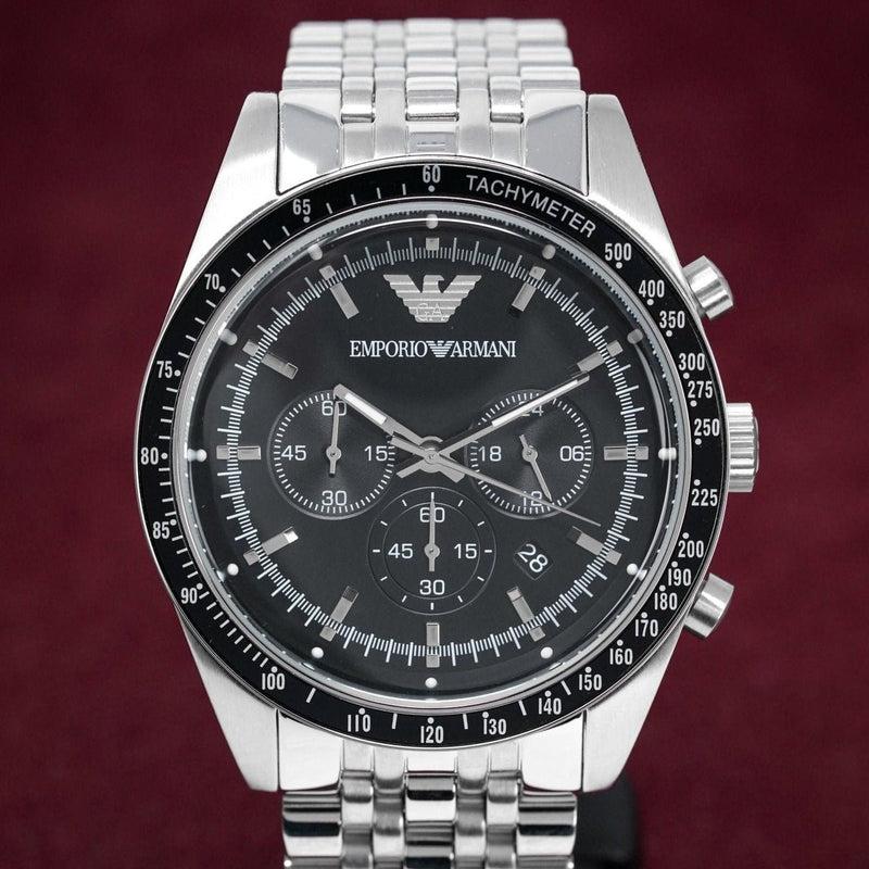 Emporio Armani Tazio Chronograph Black Dial Silver Steel Strap Watch For Men - AR5988 Buy Now By Emporio Armani