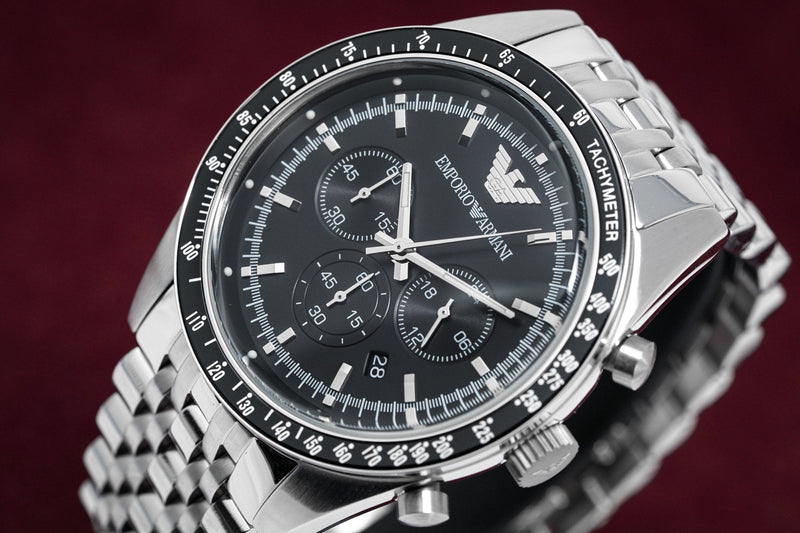 Emporio Armani Tazio Chronograph Black Dial Silver Steel Strap Watch For Men - AR5988 Buy Now By Emporio Armani